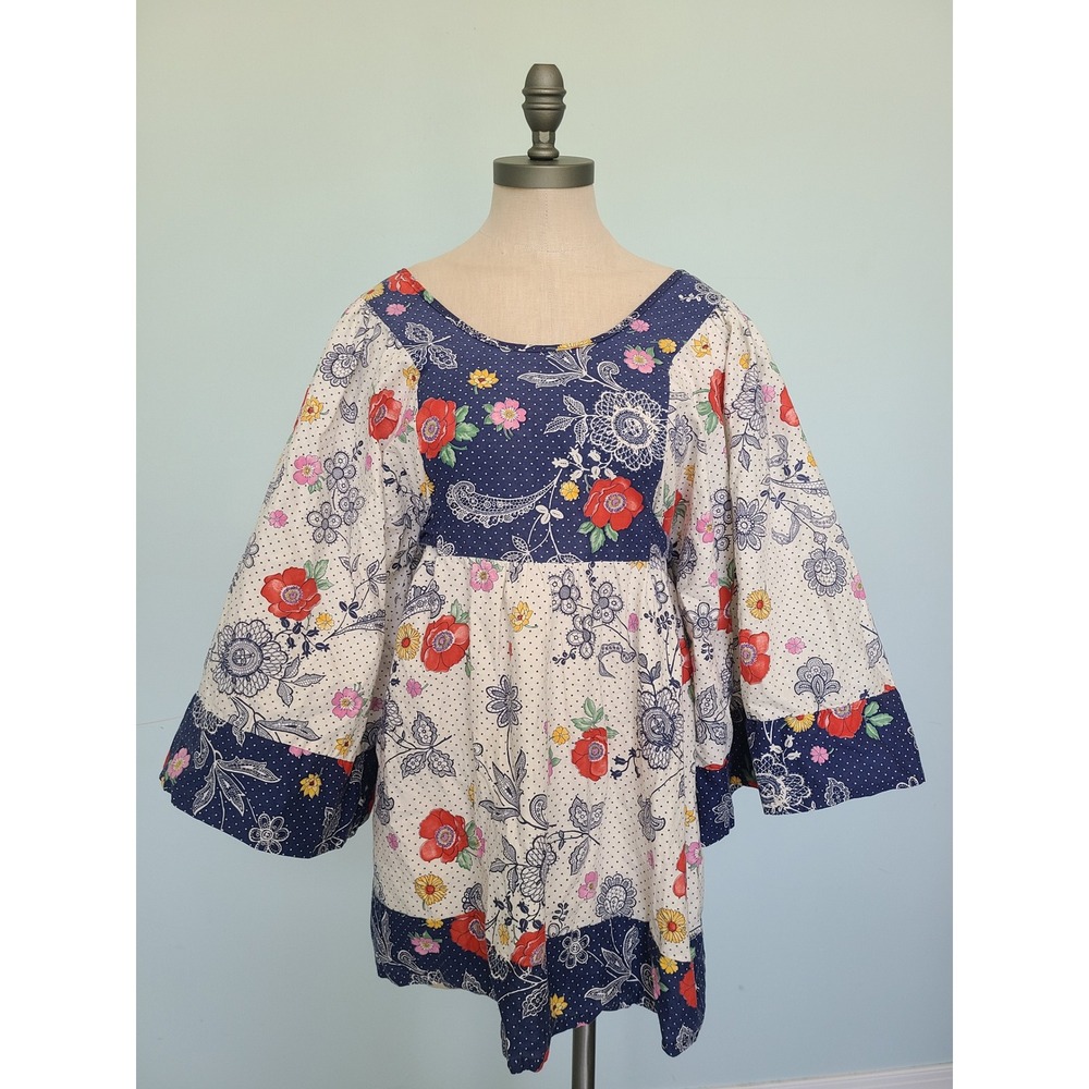 VTG 70's Wide‎ Sleeve Batik Top Polka Dot Groovy Hippie Bohemian Dopamine Funky